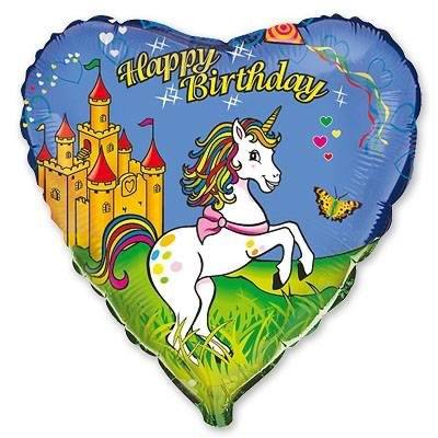 Фольгированное сердце 18" (46 см) синее с единорогом и надписью Happy Birthday