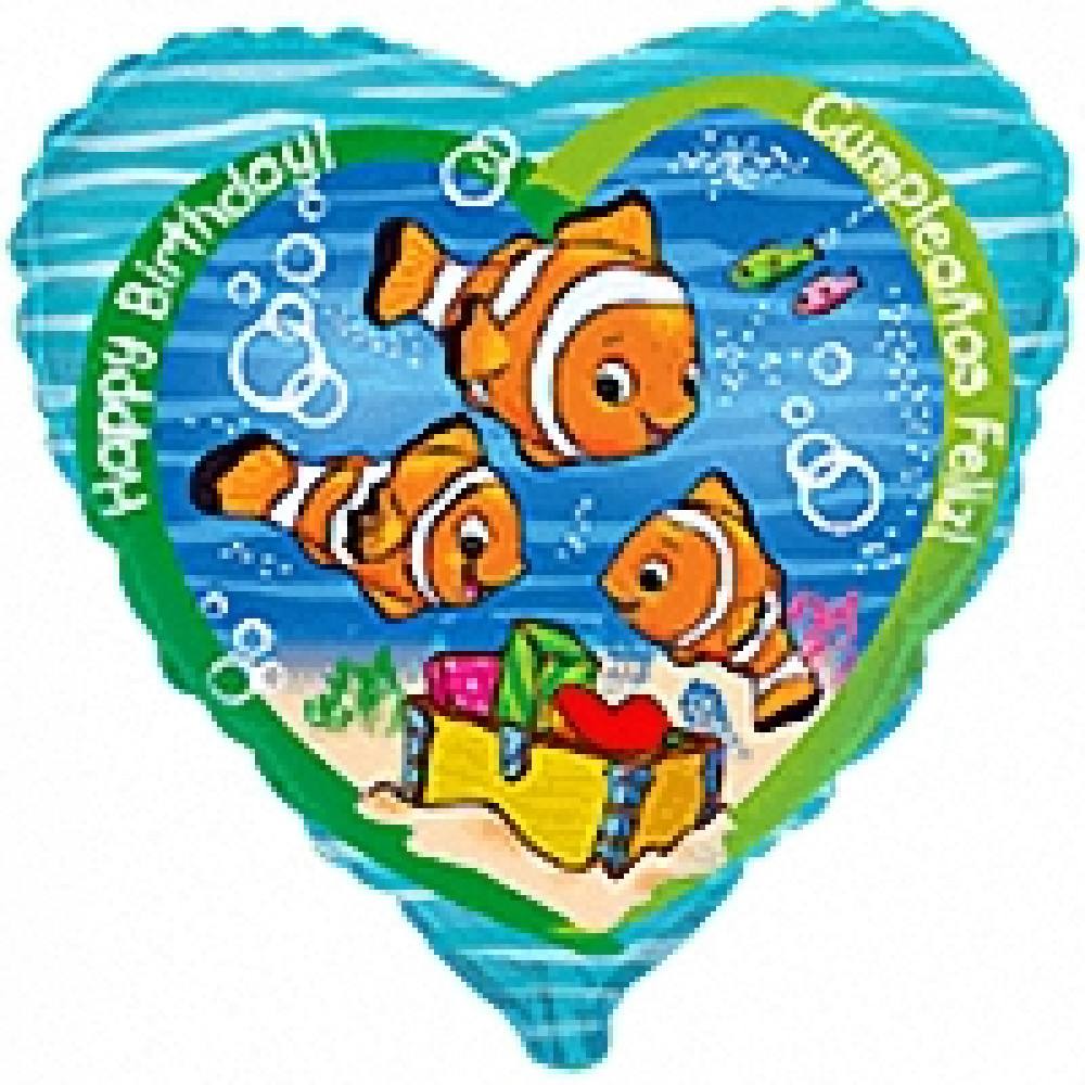 Фольгированное сердце 18" (46 см) с Немо и надписью "С днём рождения"