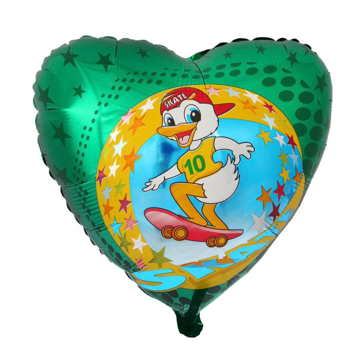 Фольгированное сердце 18" (46 см) зелёное с утёнком на скейте