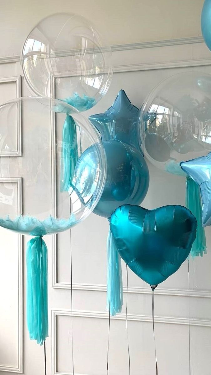Композиция «Морская симфония»: Bubble шары с перьями, латекс 24" и фольга Аквамарин Сатин